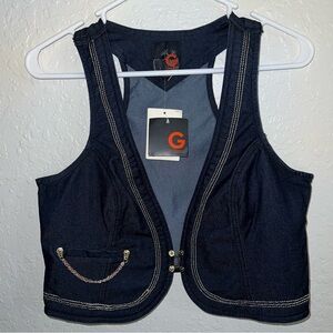 NWT G By GUESS Denim Jean Vest Sz L Dark Wash Rinse Gold Chain Stitch